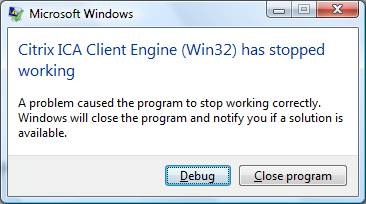 Citrix ICA Client Engine (Win32) has stopped working